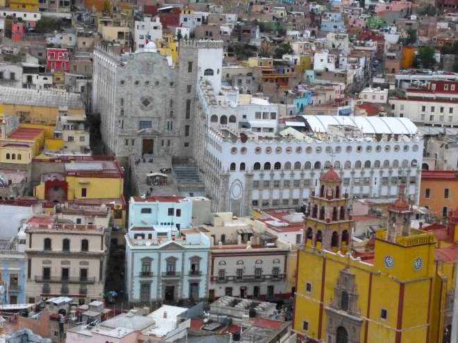The pale blue building to the left of the yellow/orange cathedral is our hotel.  The hotel de la Paz